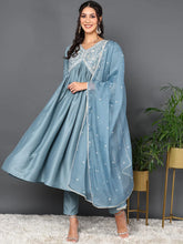 Women Blue Silk Blend Solid Embroidered Kurta Trouser With Dupatta-PKSKD2013